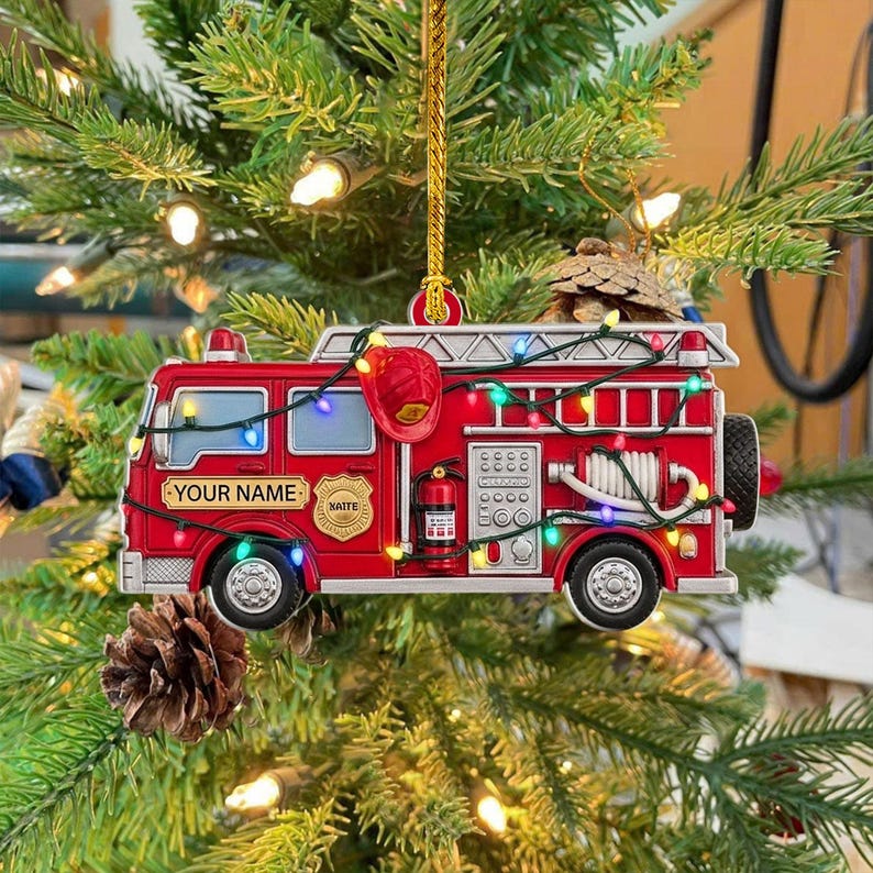 Personalized Fire Truck Christmas Ornament, Christmas Tree Decor, Gift For Firefighter, Fireman Holiday Gift Decor, Trucker Christmas Light