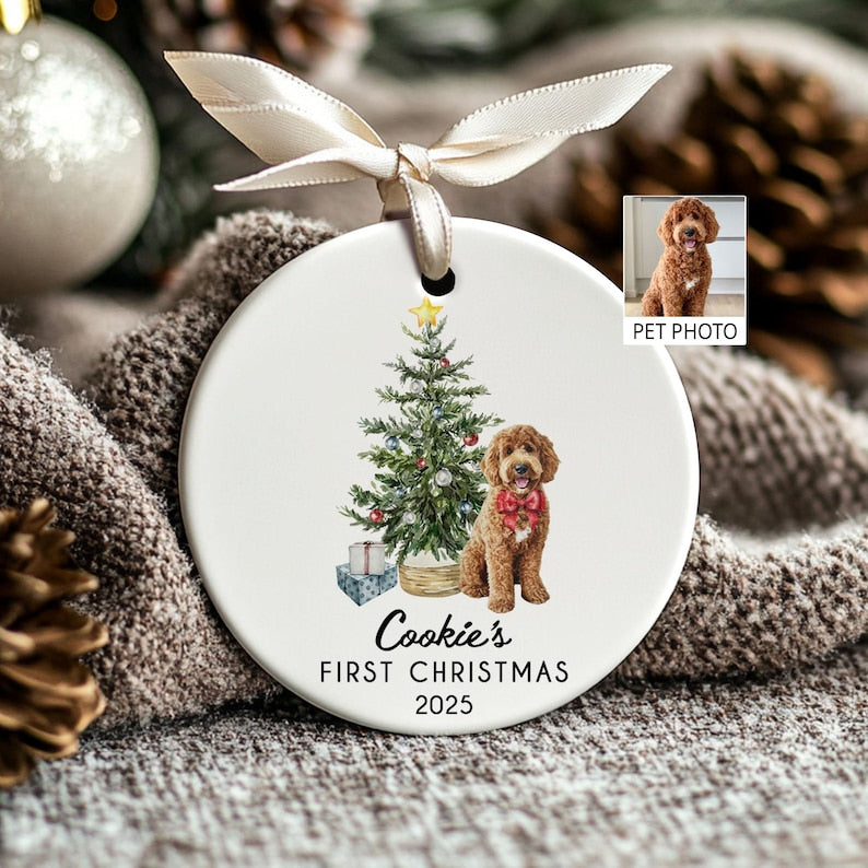 Personalised Dog's First Christmas 2025 Ornament, Custom Photo Pet Keepsake,Puppy's 1st Xmas Tree Decoration,Pet Portrait Christmas Ornament