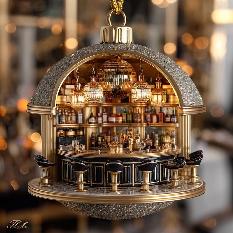 Exquisite Cocktail Bar Ornament Detailed Mini Speakeasy Scene Glitter Holiday Decor Festive Tree Hanging Gift Idea