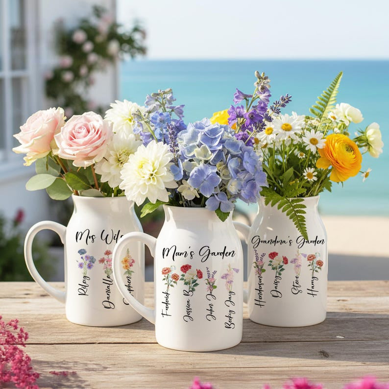 Personalized Birthflower Vase, Minimalist Vase, Ceramic Flower Vase, Mothers Day Vase, Grandma Vase, Birth Month Vase, Flower Garden Vase