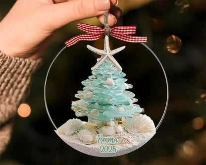 Personalized Sea Glass Christmas Tree Ornament, Beach Christmas, Ocean Lover Gift, Coastal Ornament, Christmas Tree With Shells, Starfish