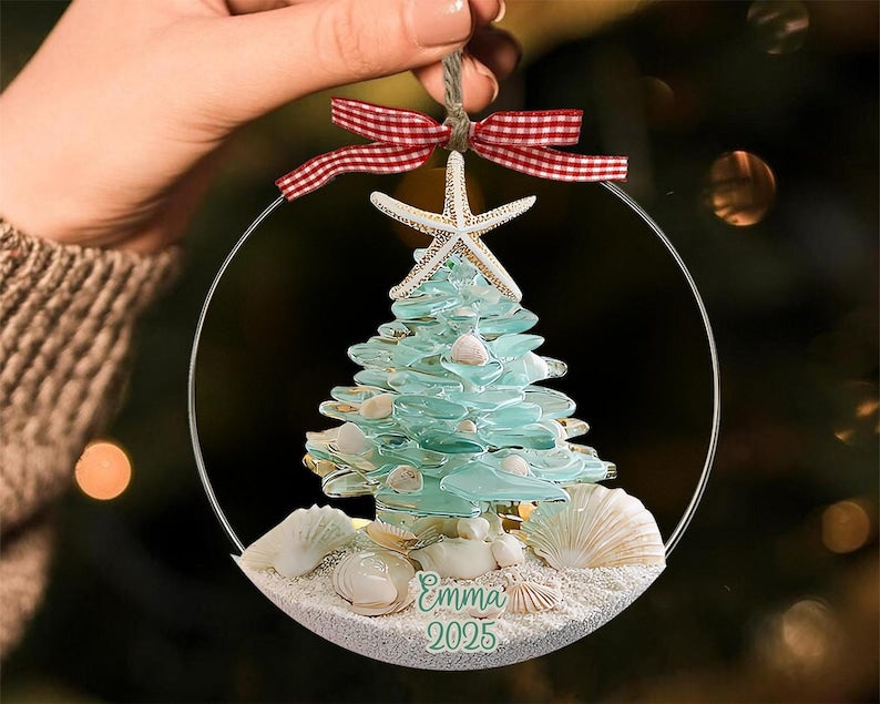 Personalized Sea Glass Christmas Tree Ornament, Beach Christmas, Ocean Lover Gift, Coastal Ornament, Christmas Tree With Shells, Starfish