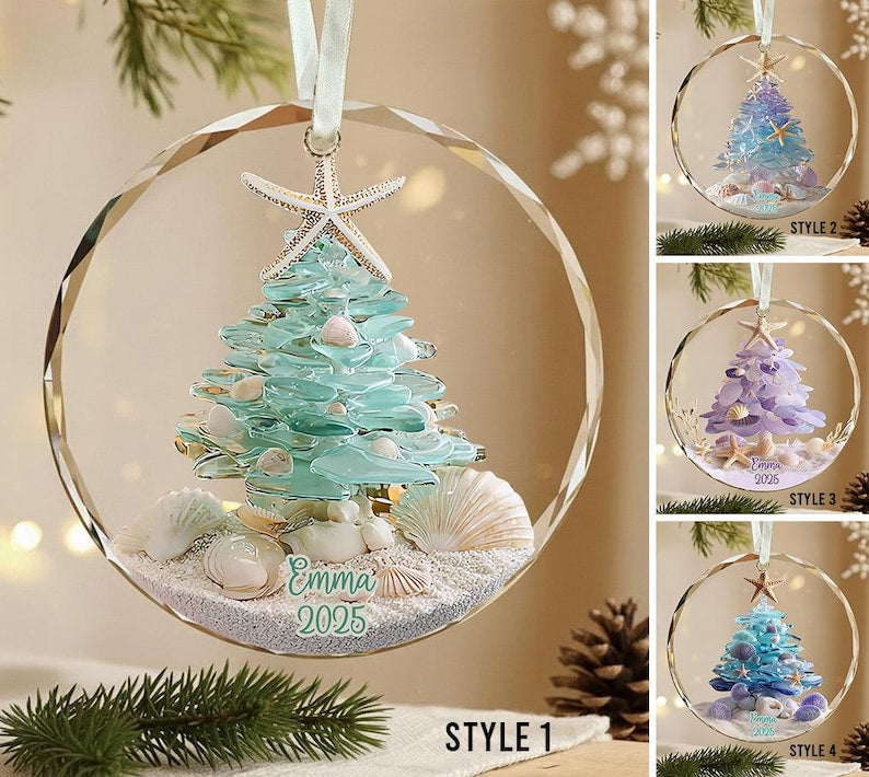 Personalized Sea Glass Christmas Tree Ornament, Beach Christmas, Ocean Lover Gift, Coastal Ornament, Christmas Tree With Shells, Starfish