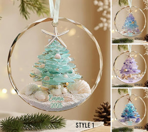 Personalized Sea Glass Christmas Tree Ornament, Beach Christmas, Ocean Lover Gift, Coastal Ornament, Christmas Tree With Shells, Starfish