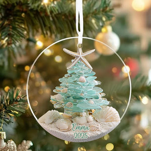 Personalized Sea Glass Christmas Tree Ornament, Beach Christmas, Ocean Lover Gift, Coastal Ornament, Christmas Tree With Shells, Starfish