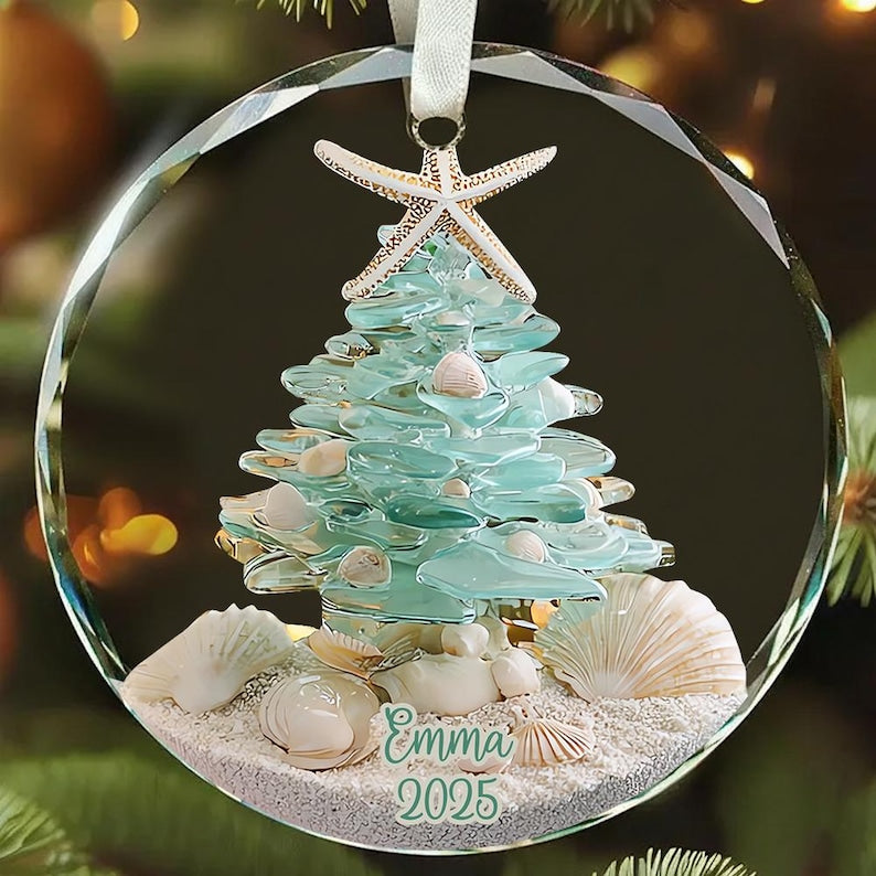 Personalized Sea Glass Christmas Tree Ornament, Beach Christmas, Ocean Lover Gift, Coastal Ornament, Christmas Tree With Shells, Starfish