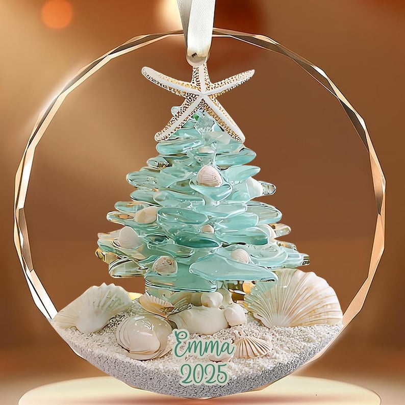 Personalized Sea Glass Christmas Tree Ornament, Beach Christmas, Ocean Lover Gift, Coastal Ornament, Christmas Tree With Shells, Starfish