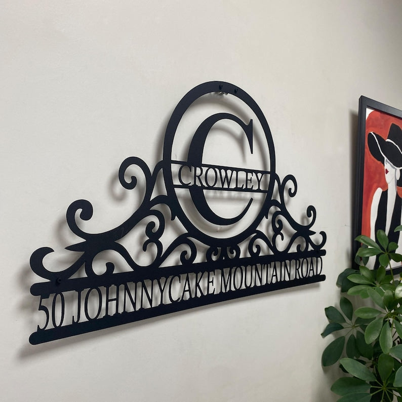 Custom Metal Address Sign: Swirly Monogram House Number Plaque