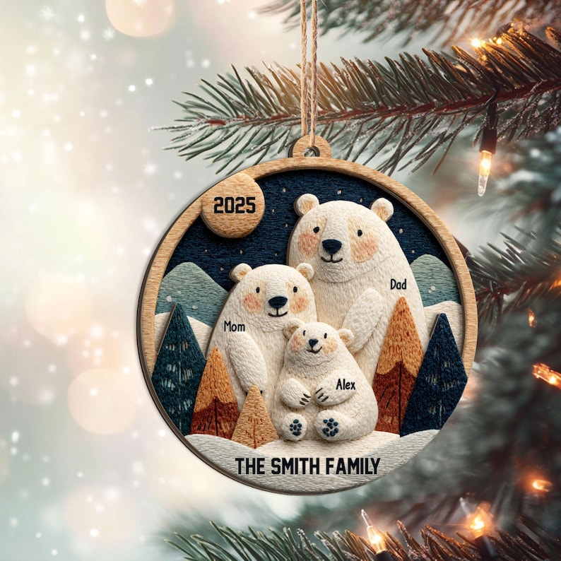 Personalized Polar Bear Family Layered Wood Ornament, Custom Name Christmas Ornament, Woodland Bear Christmas Home Decor, Gift for Family