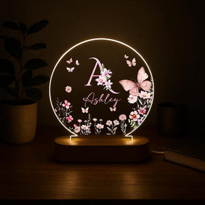 Personalized Name Night Light, Butterfly Flower LED Lamp, Custom Acrylic Light with Wooden Base, Gift for Her, Bedroom Decor