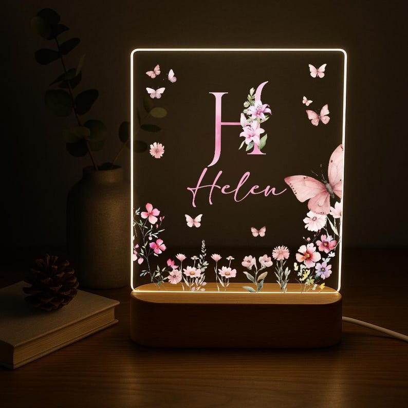 Personalized Name Night Light, Butterfly Flower LED Lamp, Custom Acrylic Light with Wooden Base, Gift for Her, Bedroom Decor