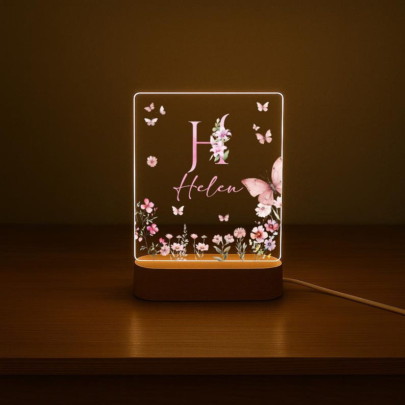 Personalized Name Night Light, Butterfly Flower LED Lamp, Custom Acrylic Light with Wooden Base, Gift for Her, Bedroom Decor