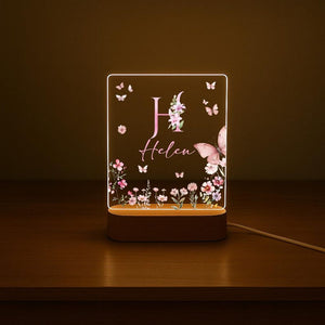 Personalized Name Night Light, Butterfly Flower LED Lamp, Custom Acrylic Light with Wooden Base, Gift for Her, Bedroom Decor