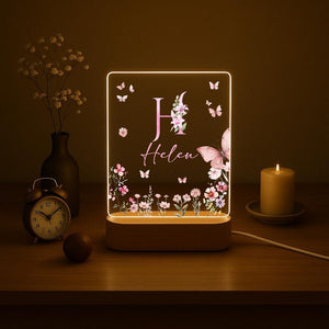 Personalized Name Night Light, Butterfly Flower LED Lamp, Custom Acrylic Light with Wooden Base, Gift for Her, Bedroom Decor