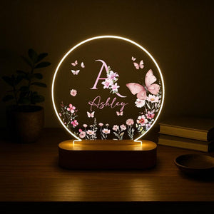 Personalized Name Night Light, Butterfly Flower LED Lamp, Custom Acrylic Light with Wooden Base, Gift for Her, Bedroom Decor