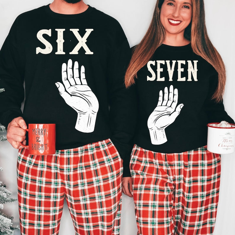 Six Seven Christmas Sweatshirt Funny Couples Holiday Tees Trendy 6 7 Meme Outfit Matching Xmas Pajama Top