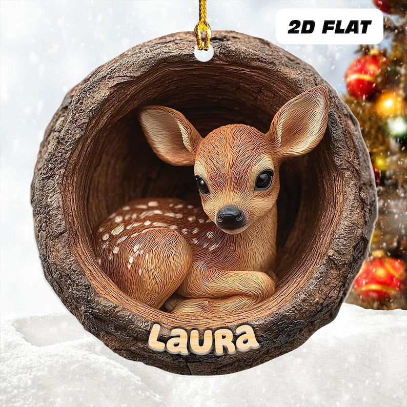 Personalized 2d Flat Name Woodland Deer Ornament, Cute Baby Deer Xmas Tree Decor, Rustic Wild Animal Ornament, Forest Lover Holiday Keepsake