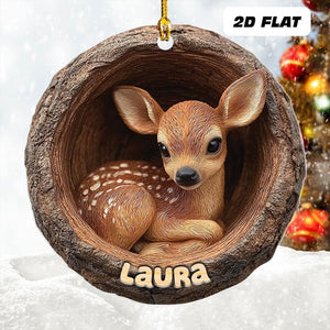 Personalized 2d Flat Name Woodland Deer Ornament, Cute Baby Deer Xmas Tree Decor, Rustic Wild Animal Ornament, Forest Lover Holiday Keepsake