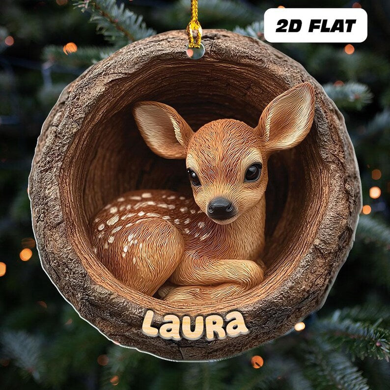 Personalized 2d Flat Name Woodland Deer Ornament, Cute Baby Deer Xmas Tree Decor, Rustic Wild Animal Ornament, Forest Lover Holiday Keepsake