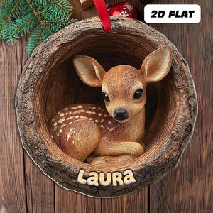 Personalized 2d Flat Name Woodland Deer Ornament, Cute Baby Deer Xmas Tree Decor, Rustic Wild Animal Ornament, Forest Lover Holiday Keepsake