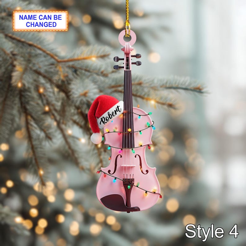 Musical Violin acrylic 2D flat Christmas ornament, custom name festive tree hanging acrylic holiday decoration, violin musical Xmas gift
