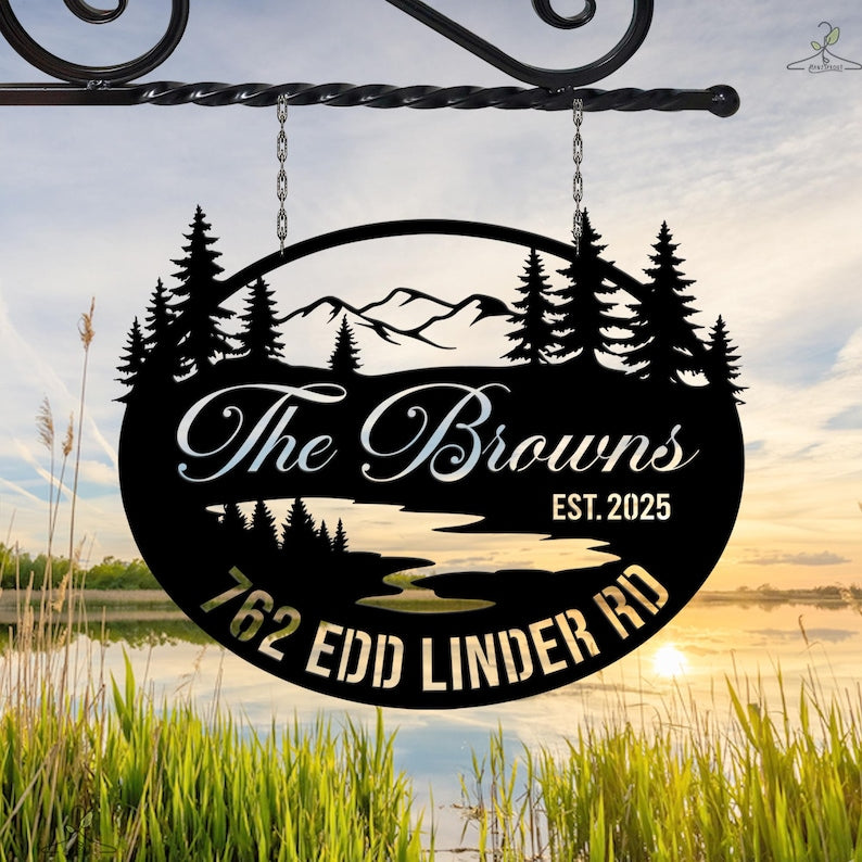 Personalized Mountain Cabin Metal Sign, Custom Family Name Sign, Rustic Outdoor Lodge Decor, Lake House Address Sign, Cabin Gift for Couples