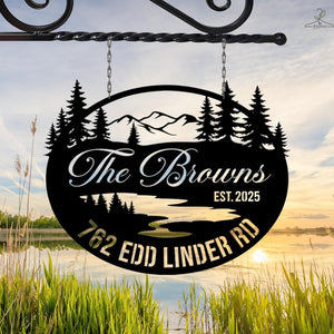 Personalized Mountain Cabin Metal Sign, Custom Family Name Sign, Rustic Outdoor Lodge Decor, Lake House Address Sign, Cabin Gift for Couples