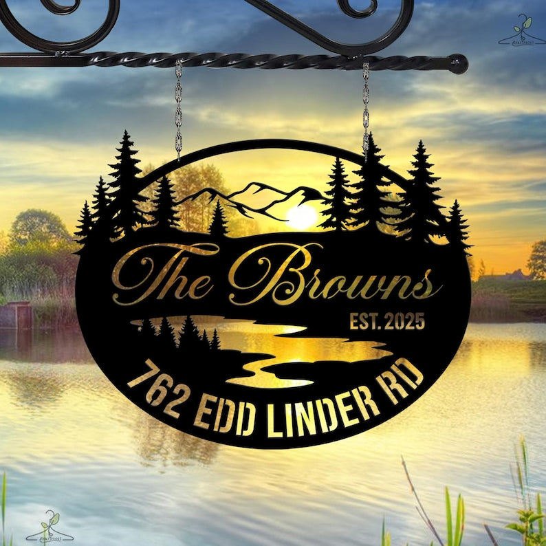 Personalized Mountain Cabin Metal Sign, Custom Family Name Sign, Rustic Outdoor Lodge Decor, Lake House Address Sign, Cabin Gift for Couples