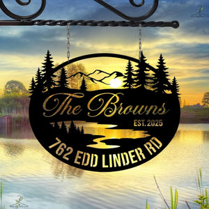 Personalized Mountain Cabin Metal Sign, Custom Family Name Sign, Rustic Outdoor Lodge Decor, Lake House Address Sign, Cabin Gift for Couples
