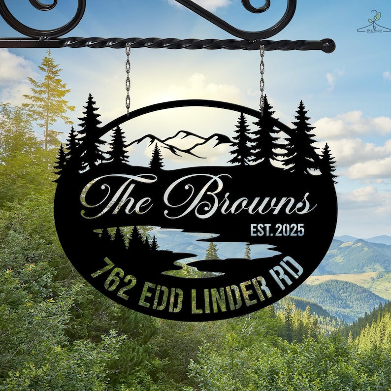 Personalized Mountain Cabin Metal Sign, Custom Family Name Sign, Rustic Outdoor Lodge Decor, Lake House Address Sign, Cabin Gift for Couples