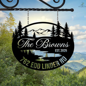 Personalized Mountain Cabin Metal Sign, Custom Family Name Sign, Rustic Outdoor Lodge Decor, Lake House Address Sign, Cabin Gift for Couples