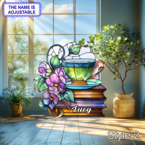 Custom Book and Teacup Acrylic Window Hanging Flat 2D Stained Glass Ornament for Readers Personalized Cozy Library Suncatcher