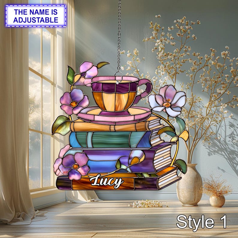 Custom Book and Teacup Acrylic Window Hanging Flat 2D Stained Glass Ornament for Readers Personalized Cozy Library Suncatcher
