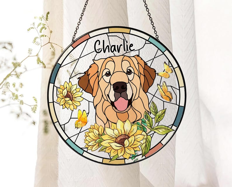 Custom Pet Stained Glass Suncatcher, Personalized Dog Memorial Portrait Suncatcher, Dog Cat Loss Glass Suncatcher, Pet Memorial Gift
