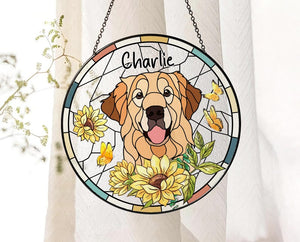 Custom Pet Stained Glass Suncatcher, Personalized Dog Memorial Portrait Suncatcher, Dog Cat Loss Glass Suncatcher, Pet Memorial Gift
