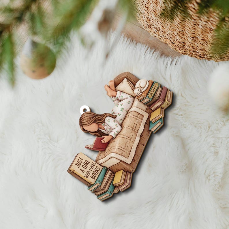 Personalized Book Lover Ornament, Just A Girl Who Loves Books 2D Flat Acrylic Ornament, Xmas Reading Gift for Bookworms, Readers, Book Lover