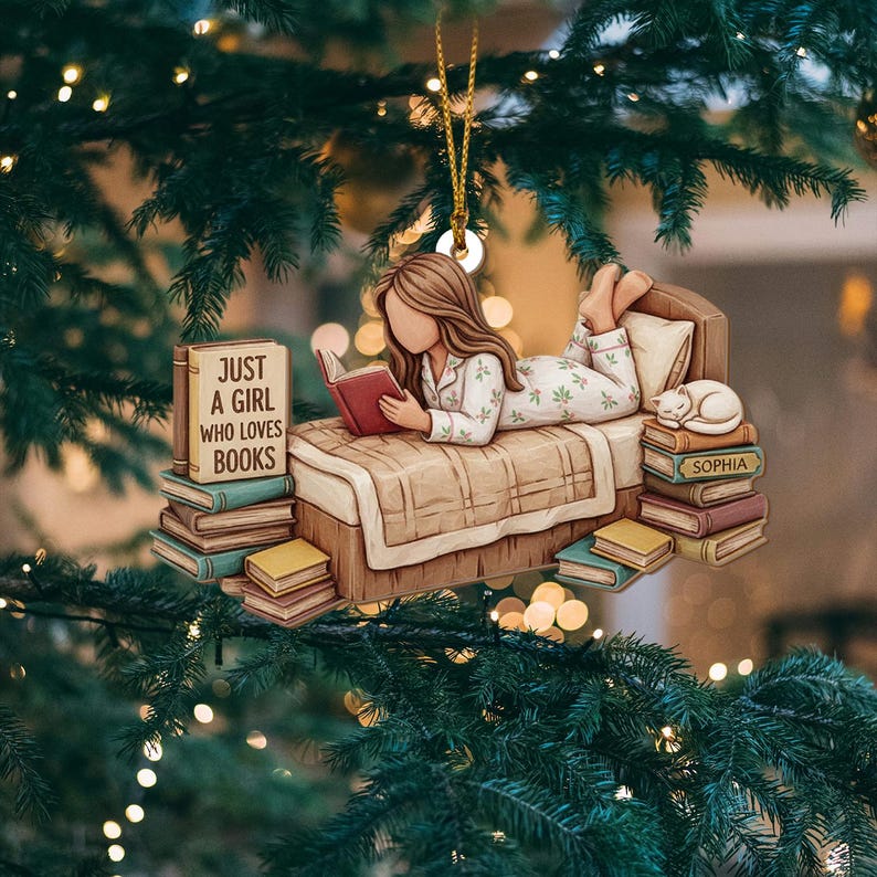 Personalized Book Lover Ornament, Just A Girl Who Loves Books 2D Flat Acrylic Ornament, Xmas Reading Gift for Bookworms, Readers, Book Lover