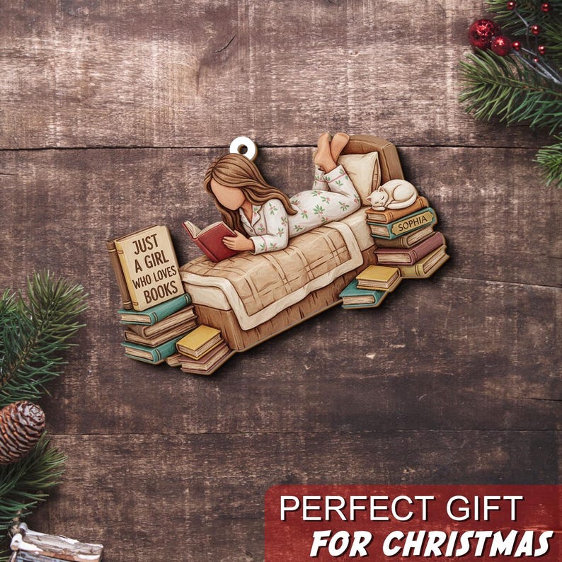 Personalized Book Lover Ornament, Just A Girl Who Loves Books 2D Flat Acrylic Ornament, Xmas Reading Gift for Bookworms, Readers, Book Lover