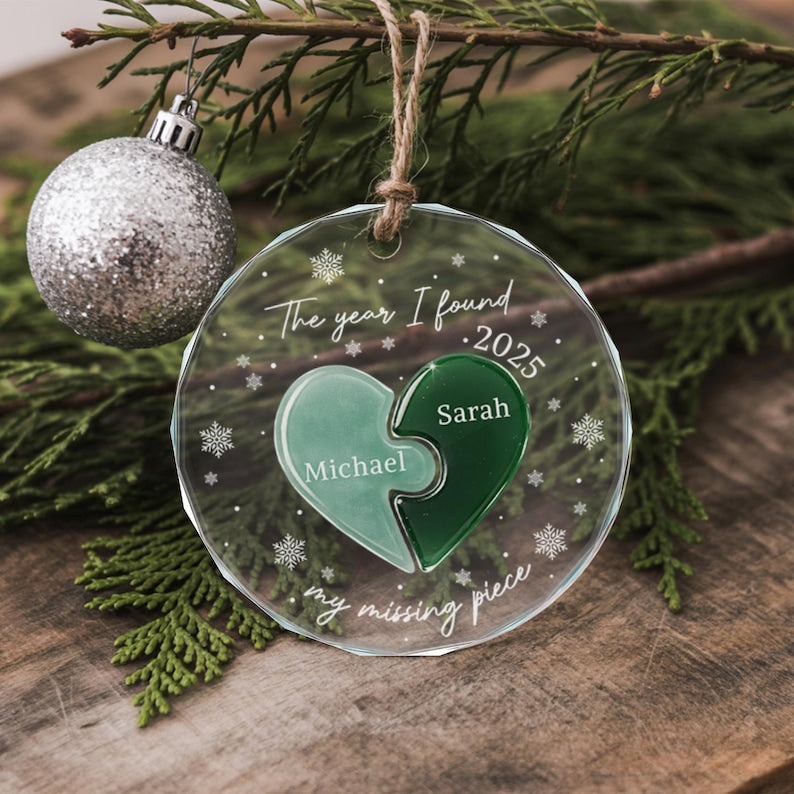 Personalized Couple's Heart Ornament with Custom Names & Date, Missing Piece Engagement Anniversary Christmas Valentine's Day Gift for Him Her, Our 1st Xmas