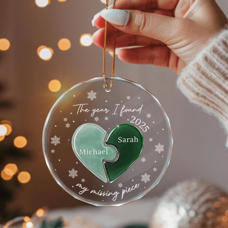 Personalized Couple's Heart Ornament with Custom Names & Date, Missing Piece Engagement Anniversary Christmas Valentine's Day Gift for Him Her, Our 1st Xmas