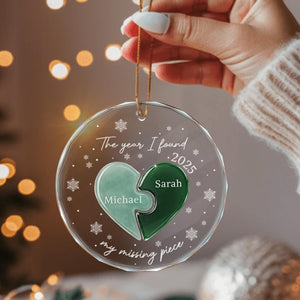 Personalized Couple's Heart Ornament with Custom Names & Date, Missing Piece Engagement Anniversary Christmas Valentine's Day Gift for Him Her, Our 1st Xmas