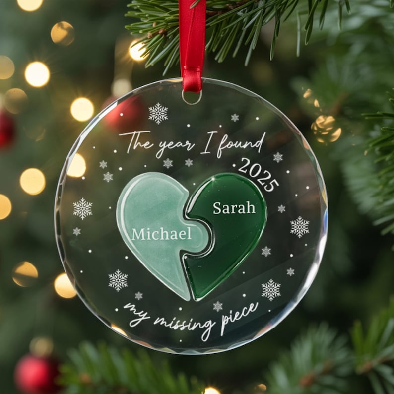 Personalized Couple's Heart Ornament with Custom Names & Date, Missing Piece Engagement Anniversary Christmas Valentine's Day Gift for Him Her, Our 1st Xmas