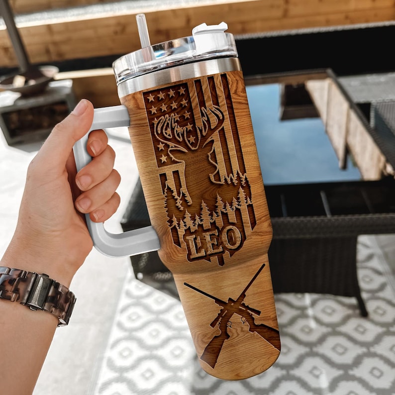 Deer Hunter Personalized 40oz Tumbler with Handle Stainless Steel Insulated Cup Rustic Gift for Dad, Husband & Outdoor Lovers
