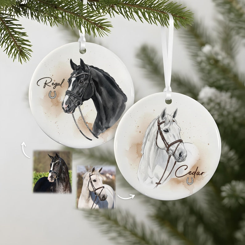 Personalized Horse Christmas Wood Ceramic Ornament, Custom Watercolor Horse Portrait from Photo Ornament, Equestrian Christmas Gift for Horse Lover