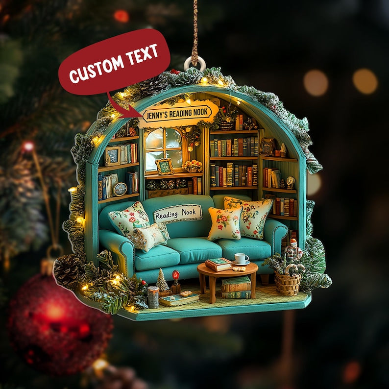 Personalized Reading Nook Ornament, Miniature Book Lover Gift, Cozy Library Diorama Christmas Tree Decoration