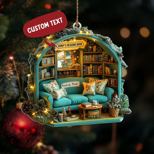 Personalized Reading Nook Ornament, Miniature Book Lover Gift, Cozy Library Diorama Christmas Tree Decoration