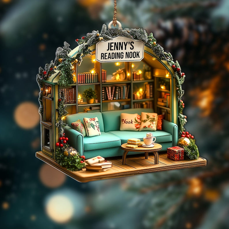 Personalized Reading Nook Ornament, Miniature Book Lover Gift, Cozy Library Diorama Christmas Tree Decoration