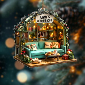 Personalized Reading Nook Ornament, Miniature Book Lover Gift, Cozy Library Diorama Christmas Tree Decoration