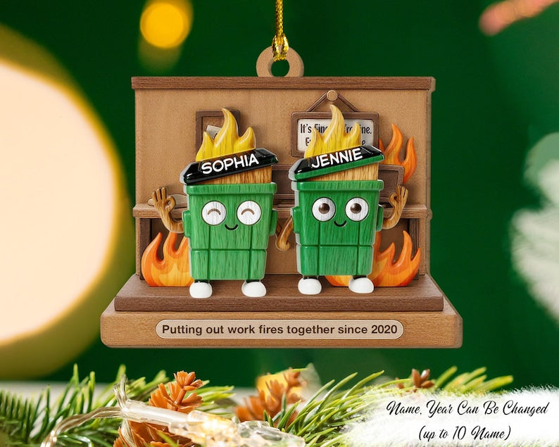 3D Effect Dumpster Fires In Office Scene - Personalized Acrylic Ornament - Funny Gift For Colleagues, Work Besties, Office Coworker Gift