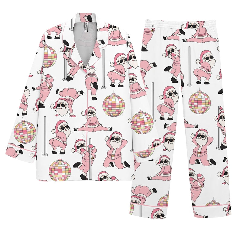 Christmas Pajama Set Funny Dancing Santa Print Sleepwear, Pink Holiday Loungewear
